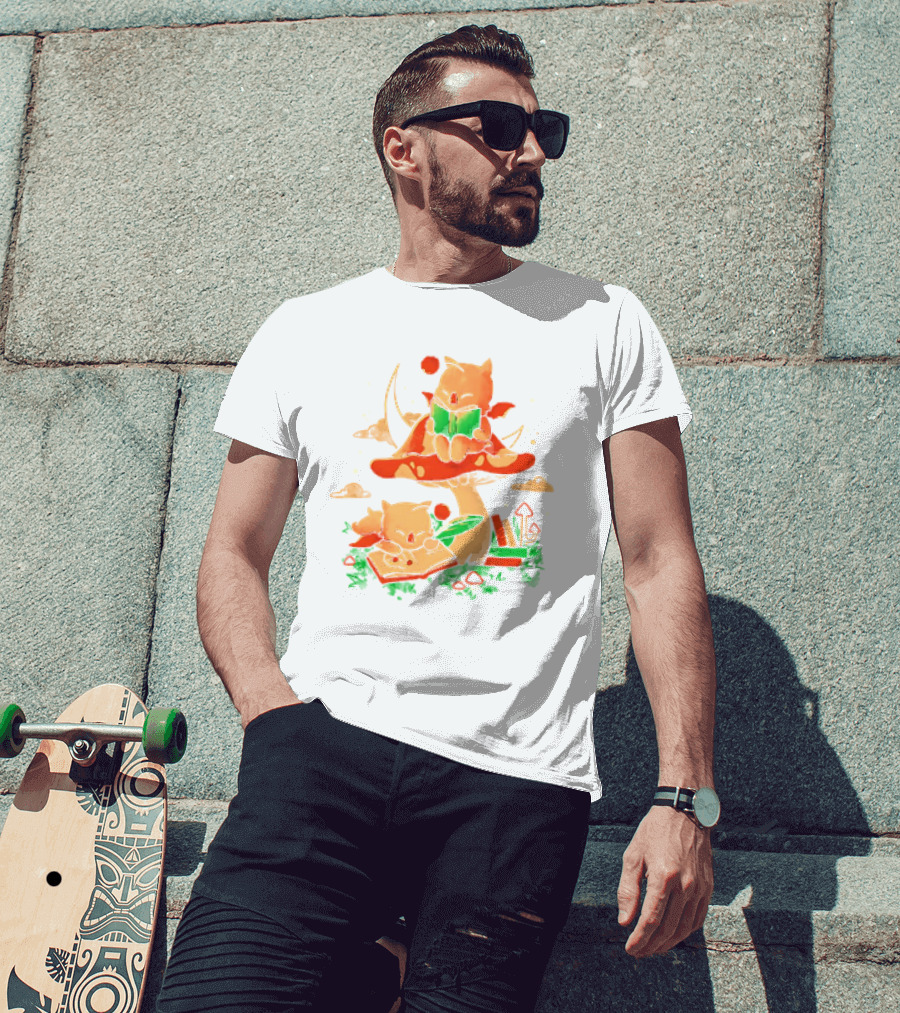 Cat Kupo Moogles Reading On Mushroom With Books T-Shirt