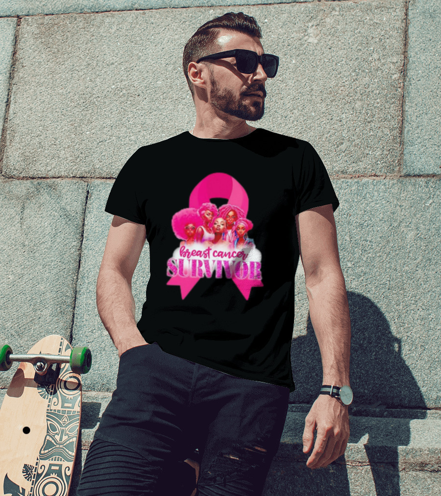 Breast Cancer Survivor Pink Ribbon Black Women Melanin Warrior T-Shirt