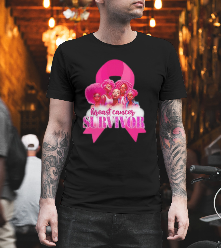 Breast Cancer Survivor Pink Ribbon Black Women Melanin Warrior T-Shirt