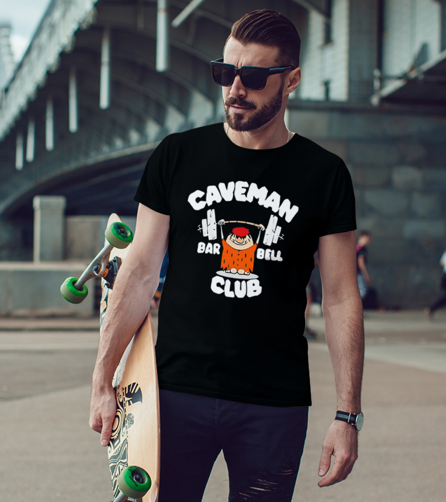 Caveman Club Bar Bell Weightlifting Cartoon T-Shirt