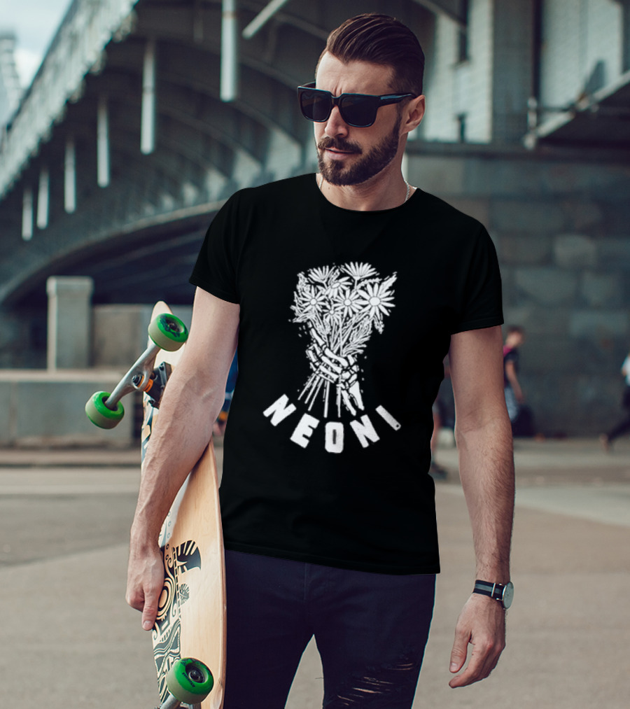 Neoni Skeleton Hand Holding Daisies Bouquet T-Shirt