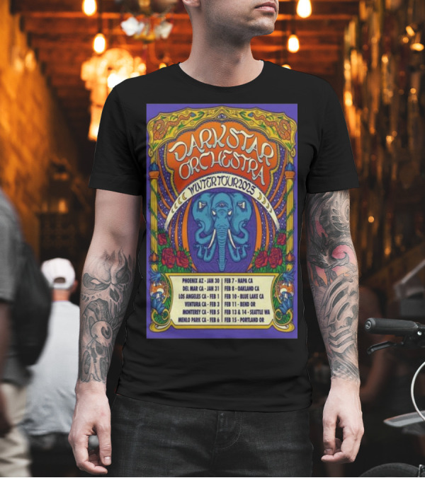 Dark Star Orchestra Winter Tour 2025 Psychedelic Elephant and Roses with Tour Dates in U.S. Cities T-Shirt Dark Star Orchestra Winter Tour 2025 Psychedelic Elephant and Roses with Tour Dates in U.S. Cities T-Shirt