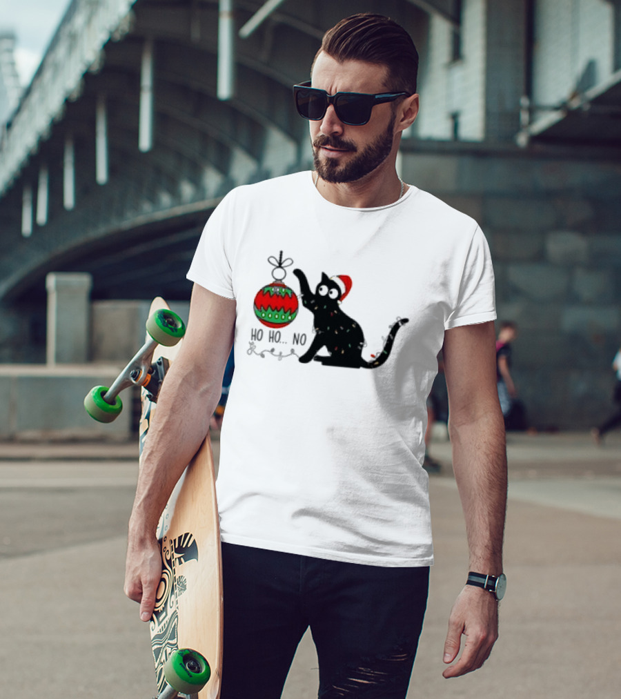 Black Cat With Santa Hat Playing With Ornament Ho Ho No Christmas T-Shirt