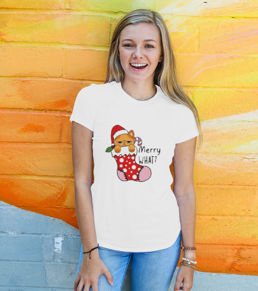 Merry What Cat In Santa Hat Christmas Stocking T-Shirt
