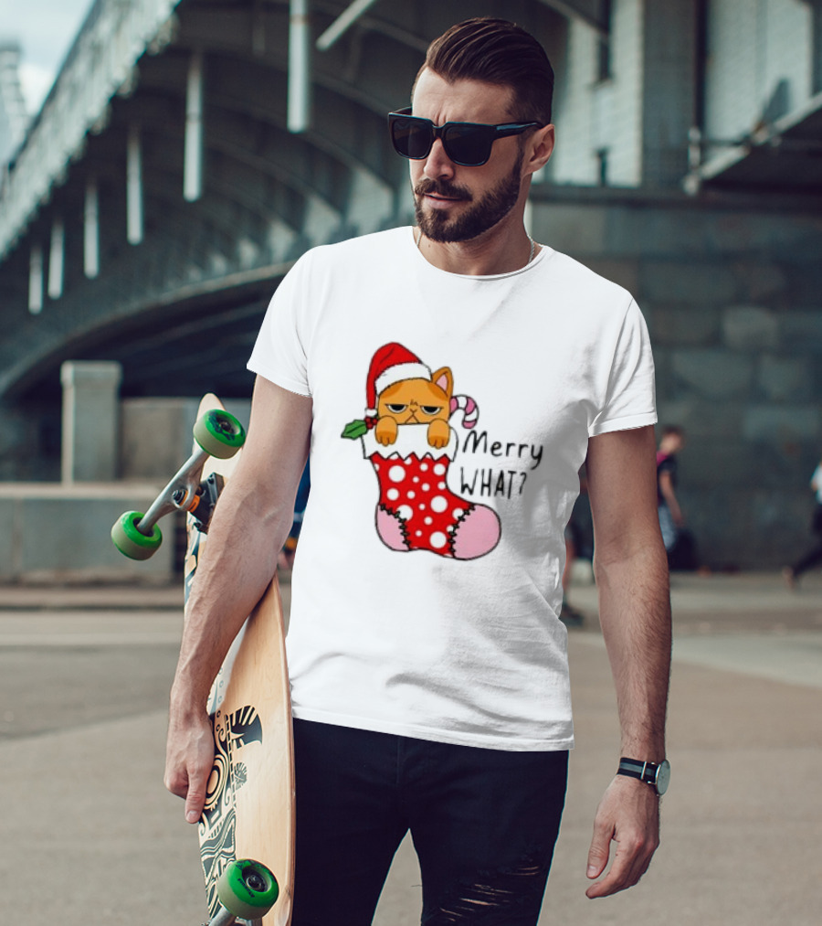 Merry What Cat In Santa Hat Christmas Stocking T-Shirt