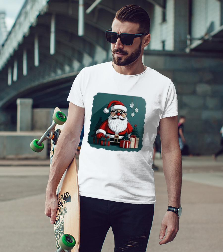 Santa Claus With Snowflakes And Presents Christmas Holiday Scene T-Shirt