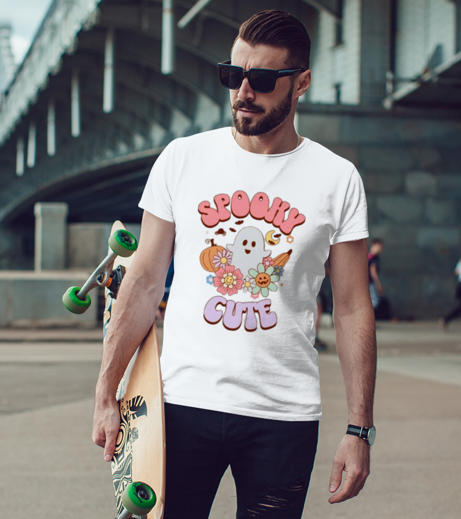 Spooky Cute Ghost With Pumpkins Flowers And Crescent Moon T-Shirt