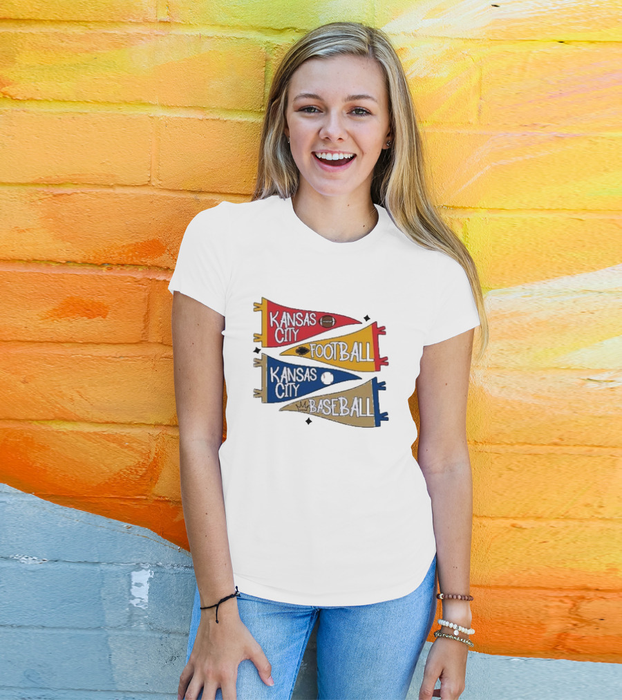Kansas City Football And Baseball Pennants With Iconic Team Colors And Symbols T-Shirt