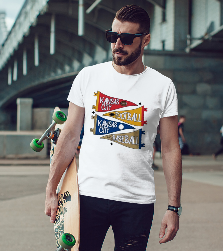 Kansas City Football And Baseball Pennants With Iconic Team Colors And Symbols T-Shirt