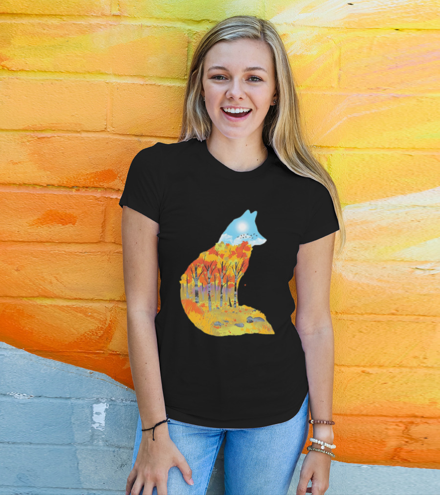 Fox Autumn Forest Landscape With Sun And Birds - I Am The Forest II T-Shirt
