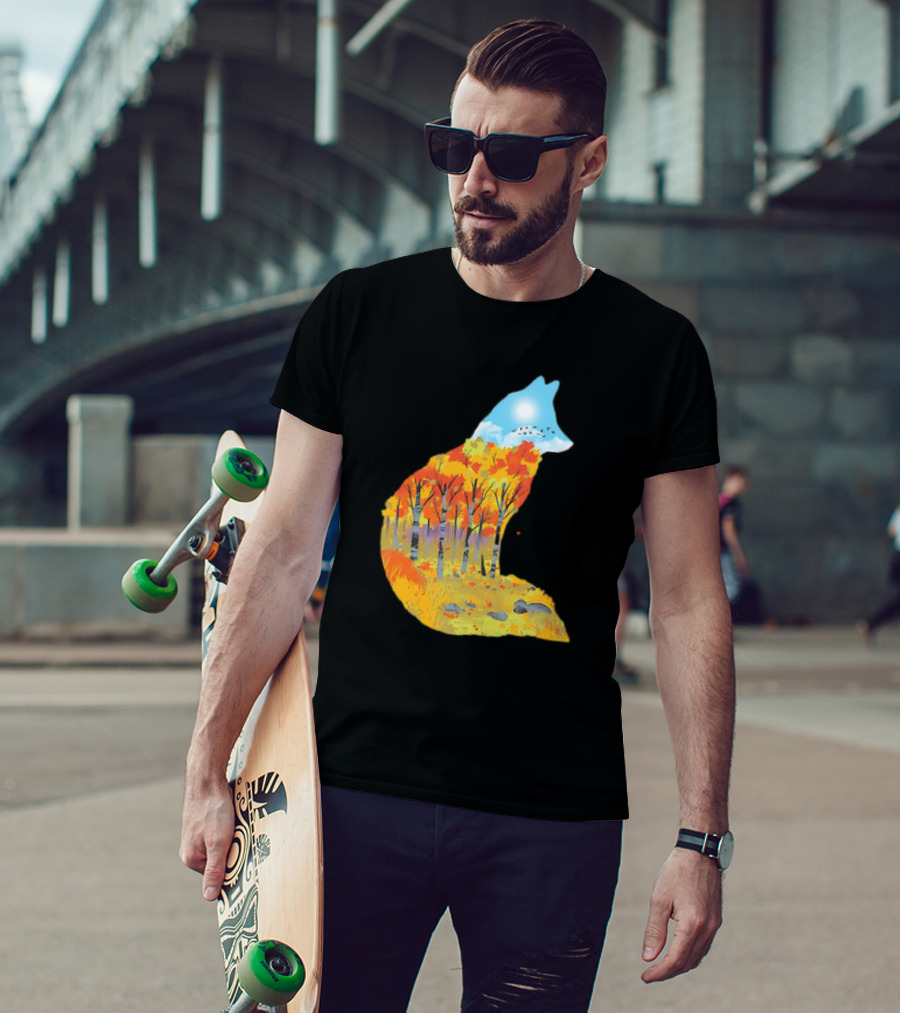 Fox Autumn Forest Landscape With Sun And Birds - I Am The Forest II T-Shirt
