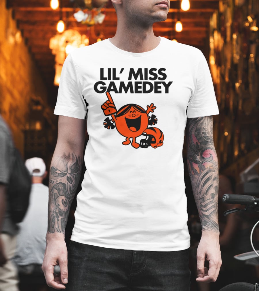 Lil Miss Gamedey Cincinnati Bengals Football Fandom Icon with Cheerful Character and Helmet T-Shirt