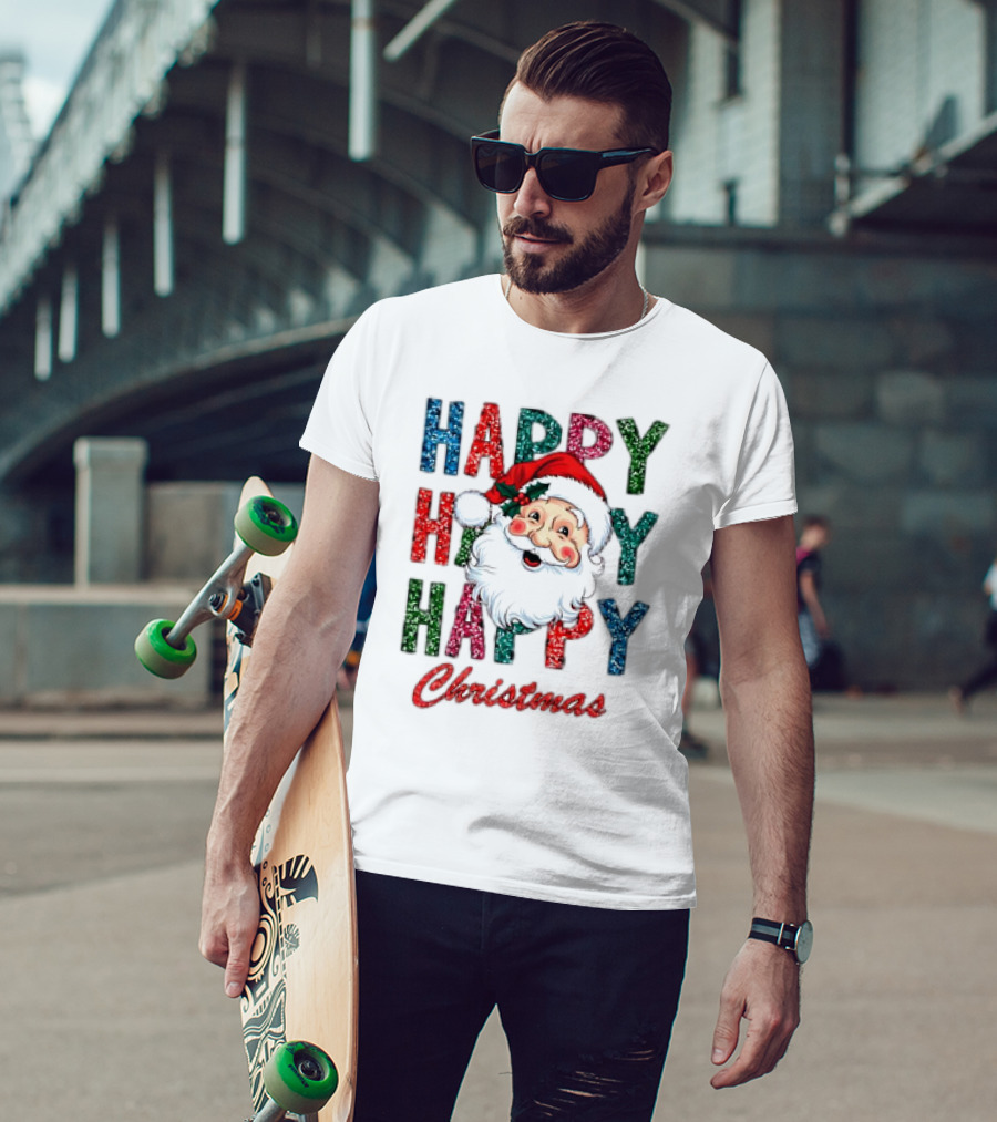 Glitter Happy Happy Happy Christmas Santa Claus T-Shirt