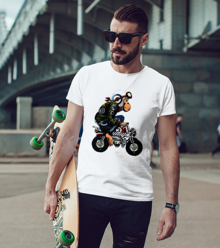 Monkey Riding Checkered Mini Bike Cartoon T-Shirt