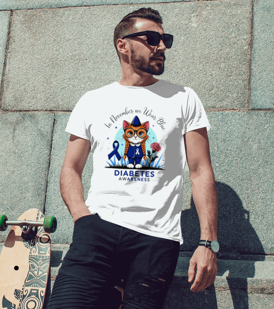In November We Wear Blue Cute Cat Diabetes Awareness T-Shirt