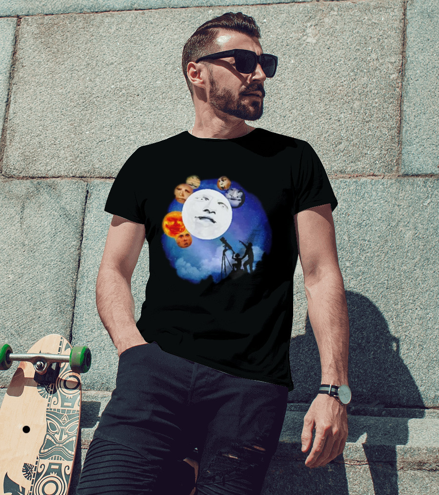 Man And Child Stargazing At Moon And Face Planets T-Shirt