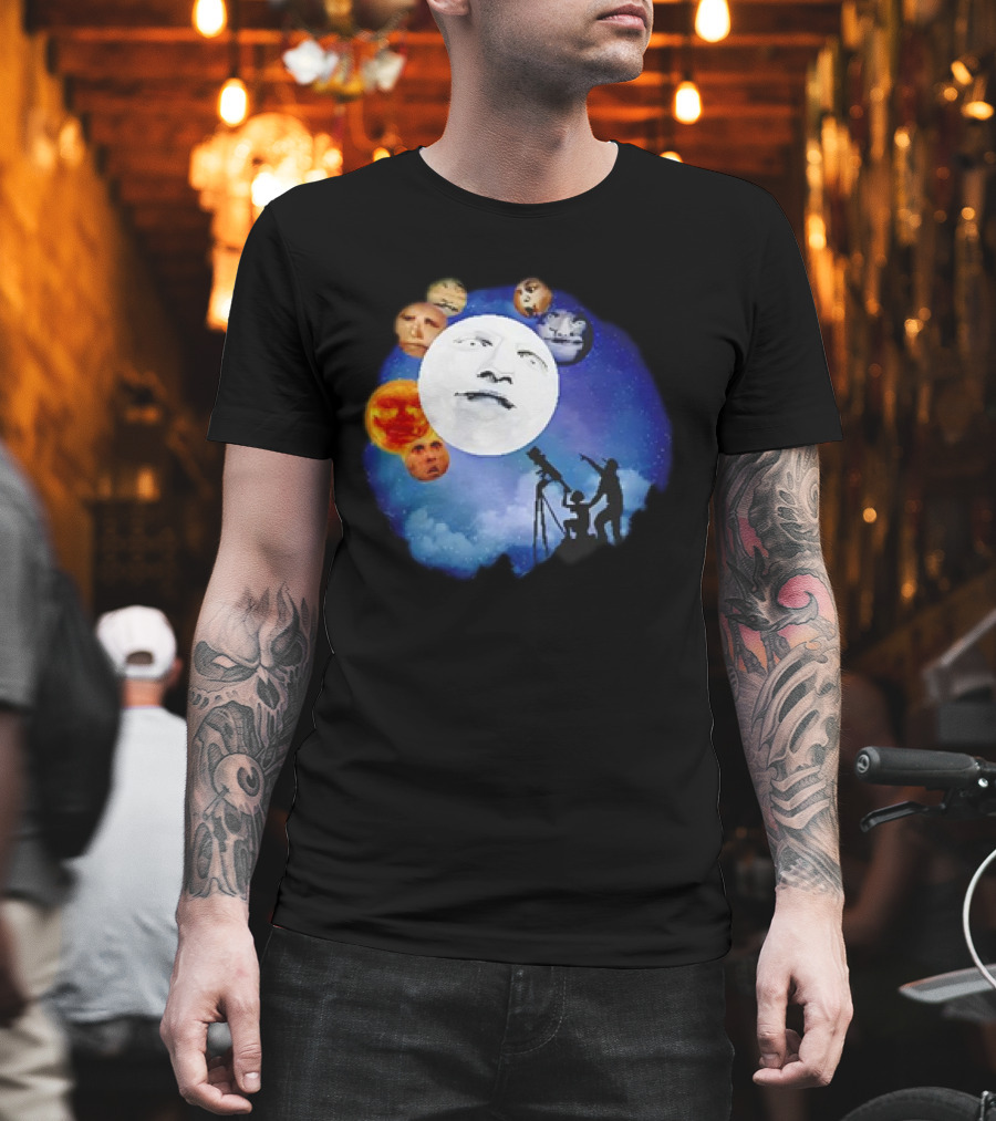 Man and Child Stargazing at Moon and Face Planets T-Shirt