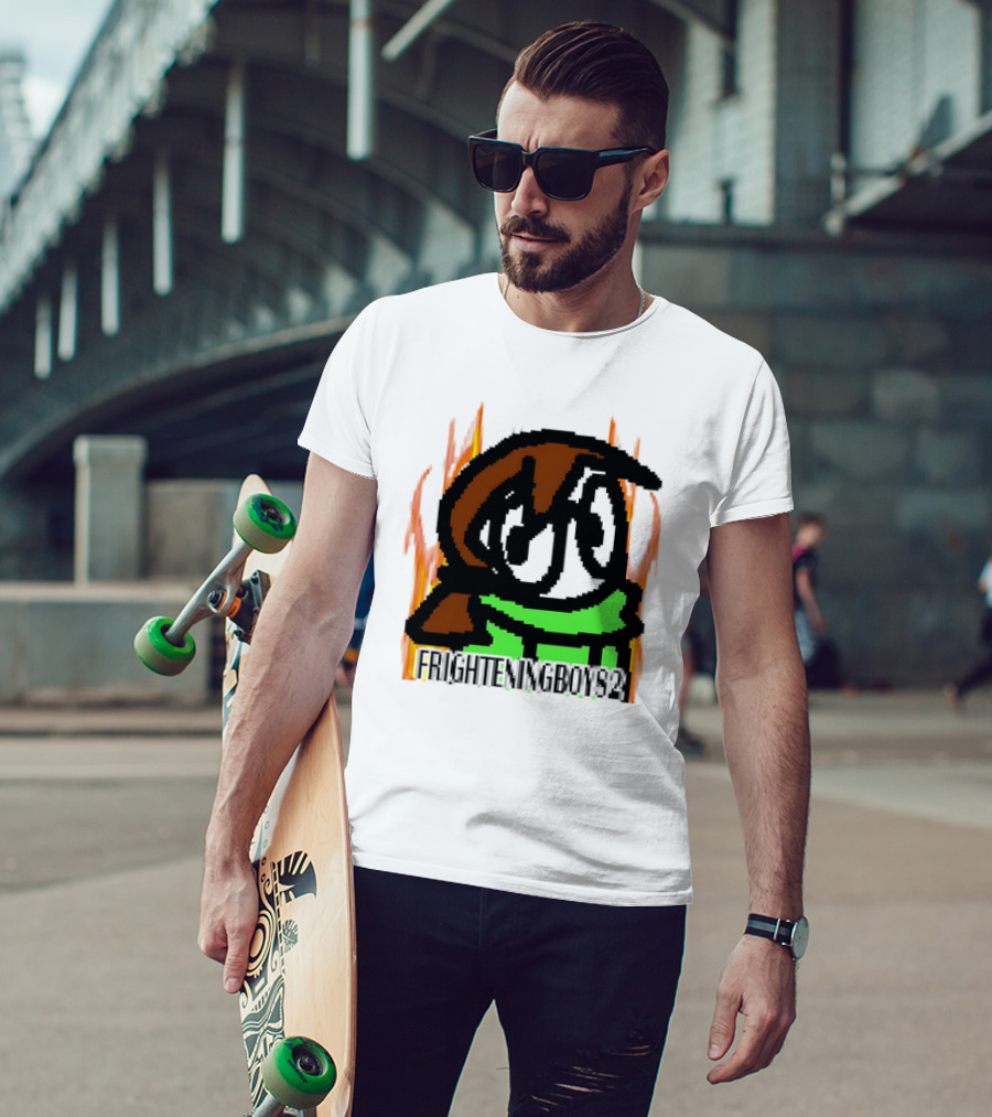 FRIGHTENINGBOY82 Leaf Pixel Art Character With Green Scarf And Flames T-Shirt