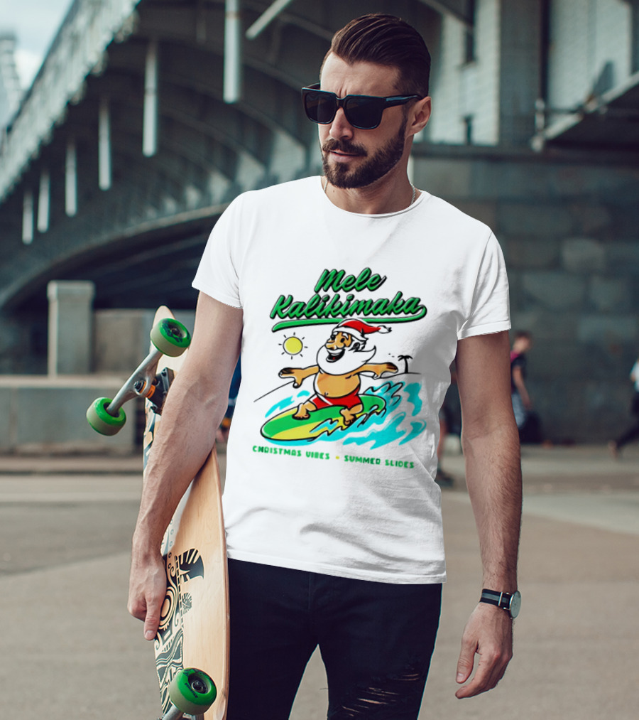 Mele Kalikimaka Santa Claus Surfing Christmas Vibes Summer Slides T-Shirt
