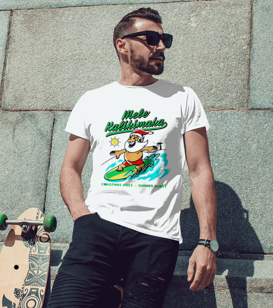 Mele Kalikimaka Santa Claus Surfing Christmas Vibes Summer Slides T-Shirt