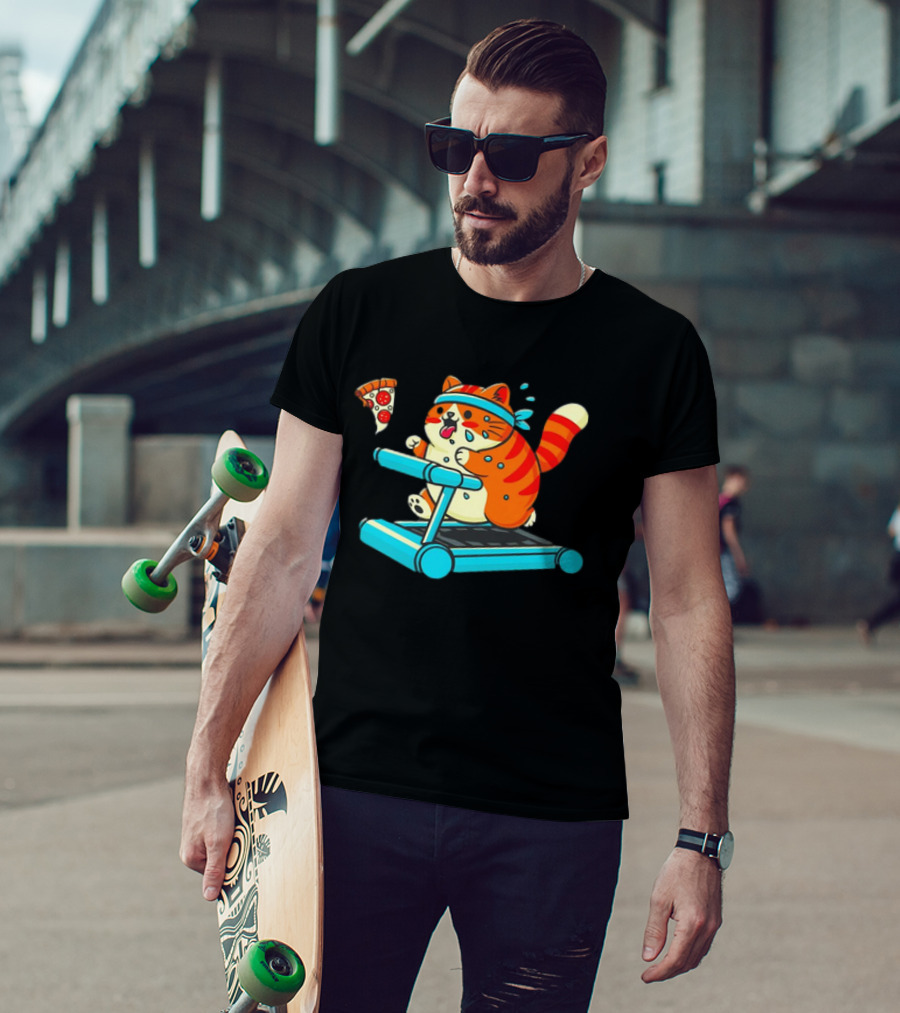 Chasing Dreams And Pizza Slices Chonky Cat Running On Treadmill T-Shirt