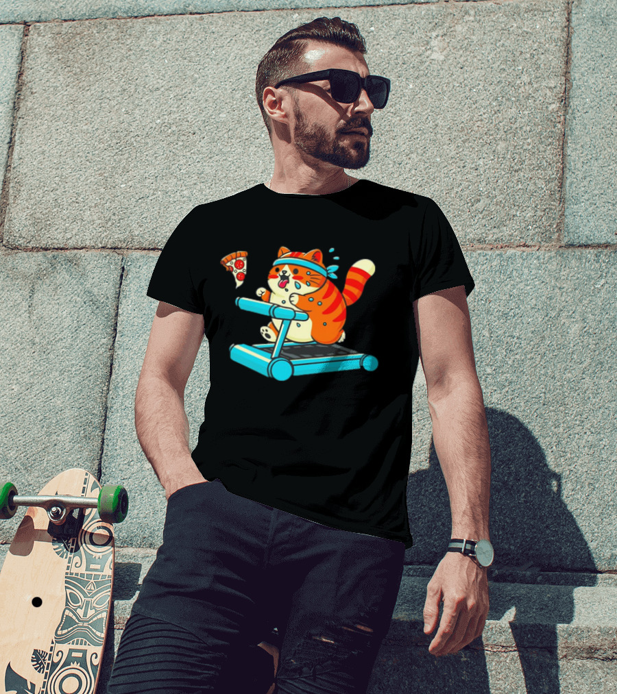 Chasing Dreams And Pizza Slices Chonky Cat Running On Treadmill T-Shirt