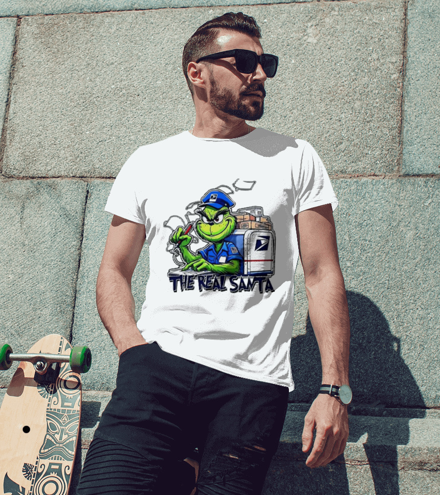 Grinch USPS The Real Santa Postal Delivery Holiday Fun T-Shirt