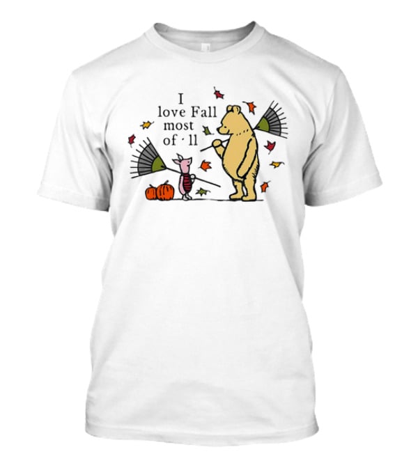 I Love Fall Most Of All Winnie The Pooh Piglet Raking Leaves Pumpkins T-Shirt