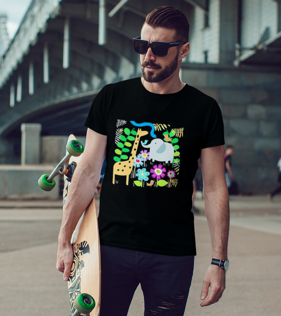 Safari Animal Party Jungle Giraffe Elephant Floral T-Shirt