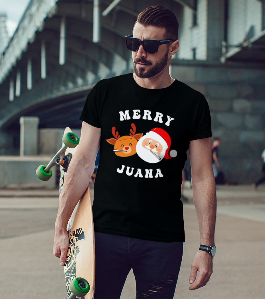 Merry Juana Christmas Santa And Reindeer Smoking Holiday Fun T-Shirt