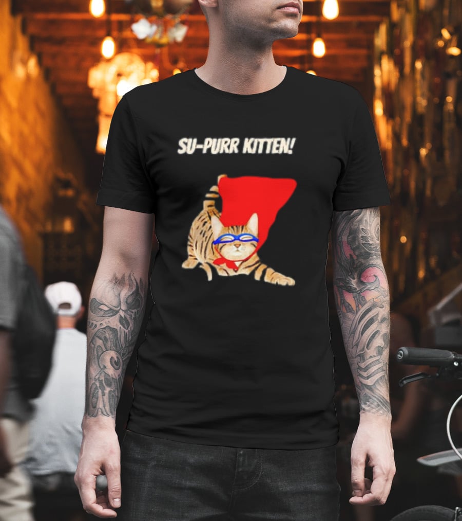 Su-Purr Kitten Cute Super Hero Cat Meme with Red Cape and Mask T-Shirt