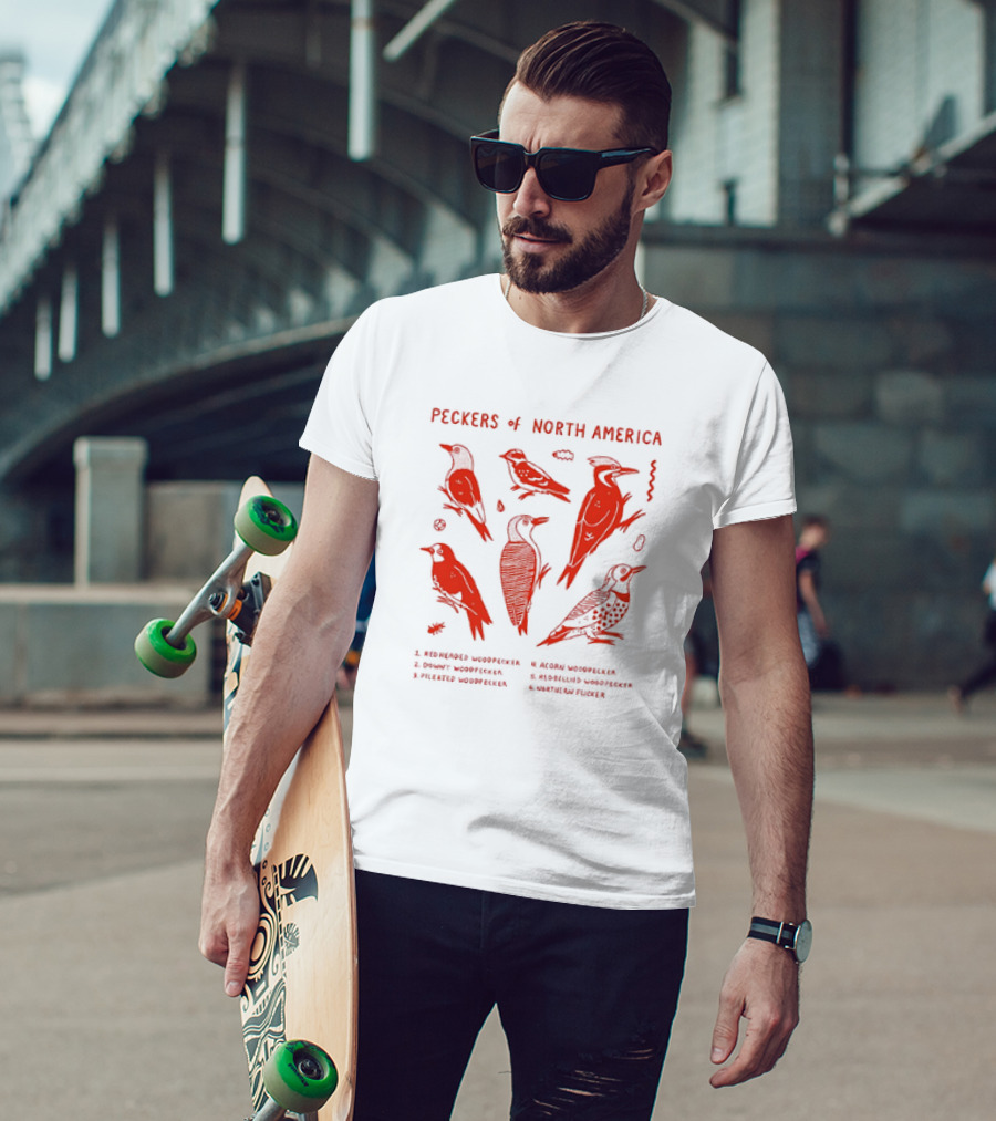 Peckers Of North America: Red-Headed, Downy, Pileated, Acorn, Red-Bellied Woodpeckers, And Northern Flicker T-Shirt