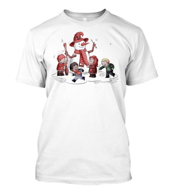 Young Wizard Students Building Snowman In House-Themed Scarves And Hats T-Shirt