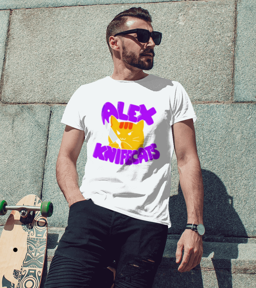 Alex Knifecats Orange Cat Purple Text T-Shirt