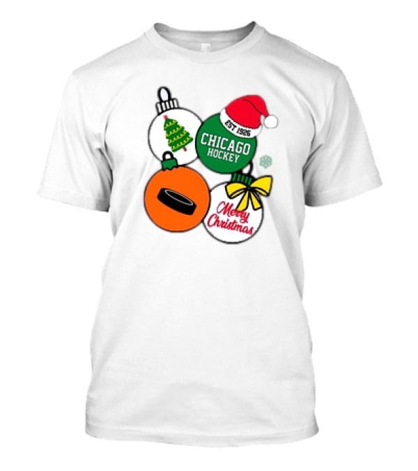 Merry Christmas Chicago Hockey Est 1926 Santa Hat Ornaments Hockey Puck Holiday T-Shirt