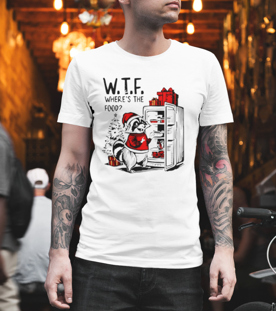W.T.F. Where's The Food Christmas Foodie Raccoon with Fridge and Santa Hat T-Shirt