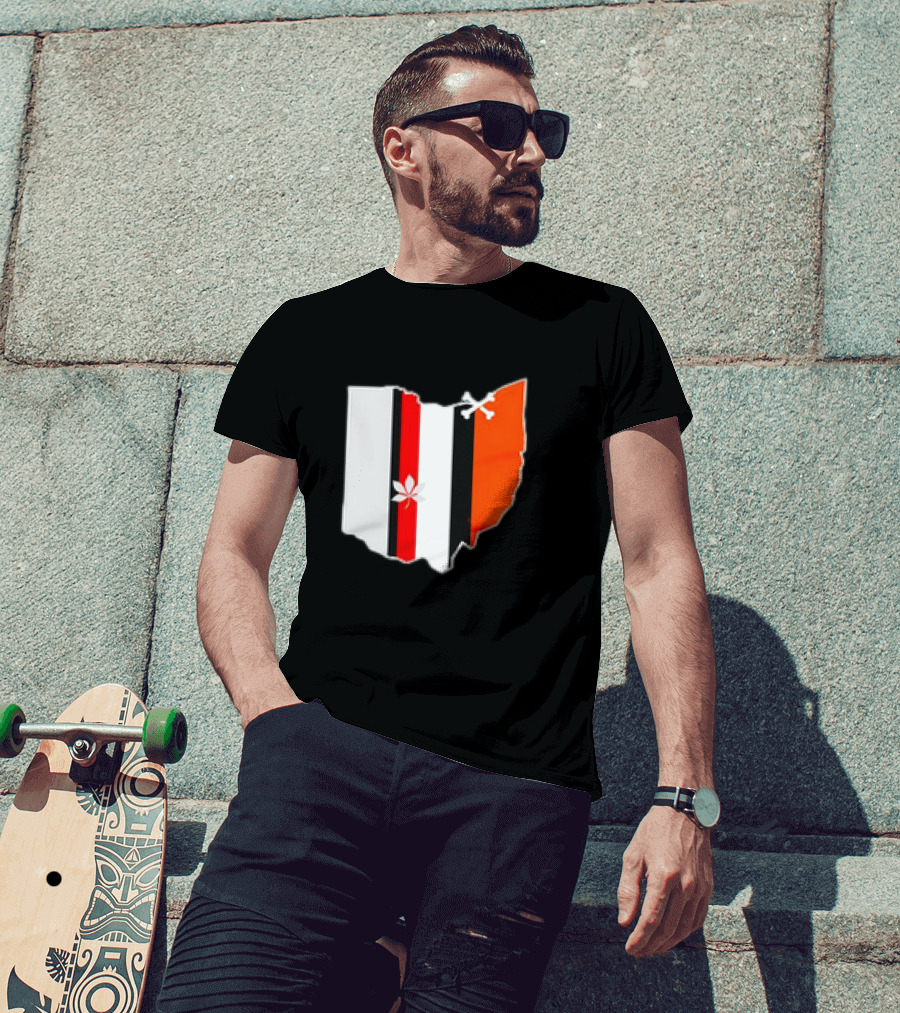 Ohio Map Stripes Football Buckeye Leaf Browns Colors T-Shirt