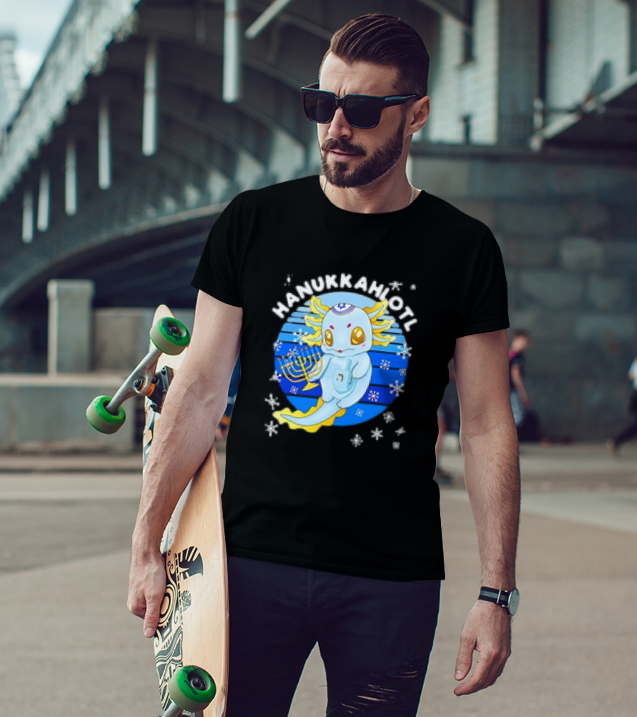 Hanukkahlotl Axolotl Dreidel Menorah Snowflakes Retro T-Shirt