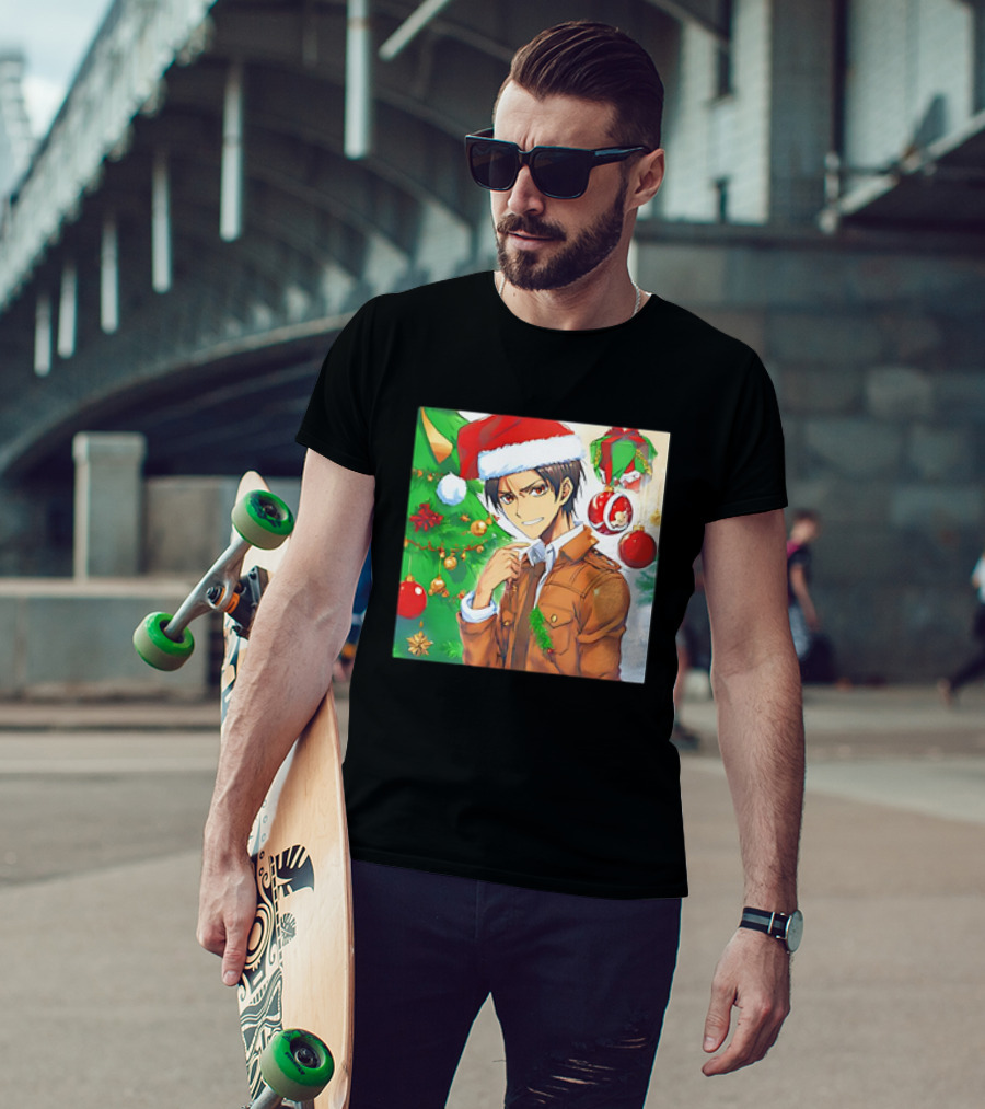 Eren Yeager Santa Hat Christmas Attack On Titan Anime Festive Tree Ornaments T-Shirt