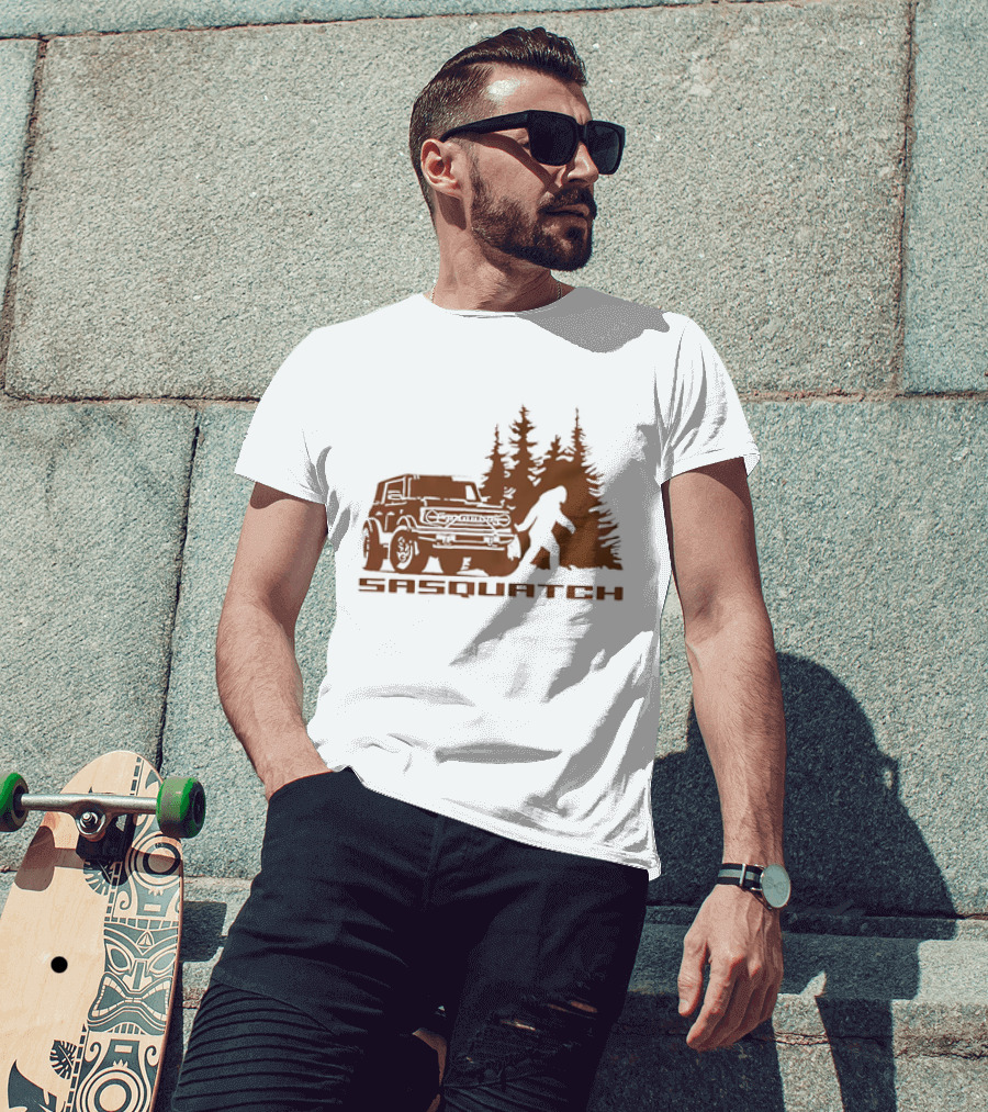 Sasquatch Bigfoot Bronco Truck Forest Scene T-Shirt