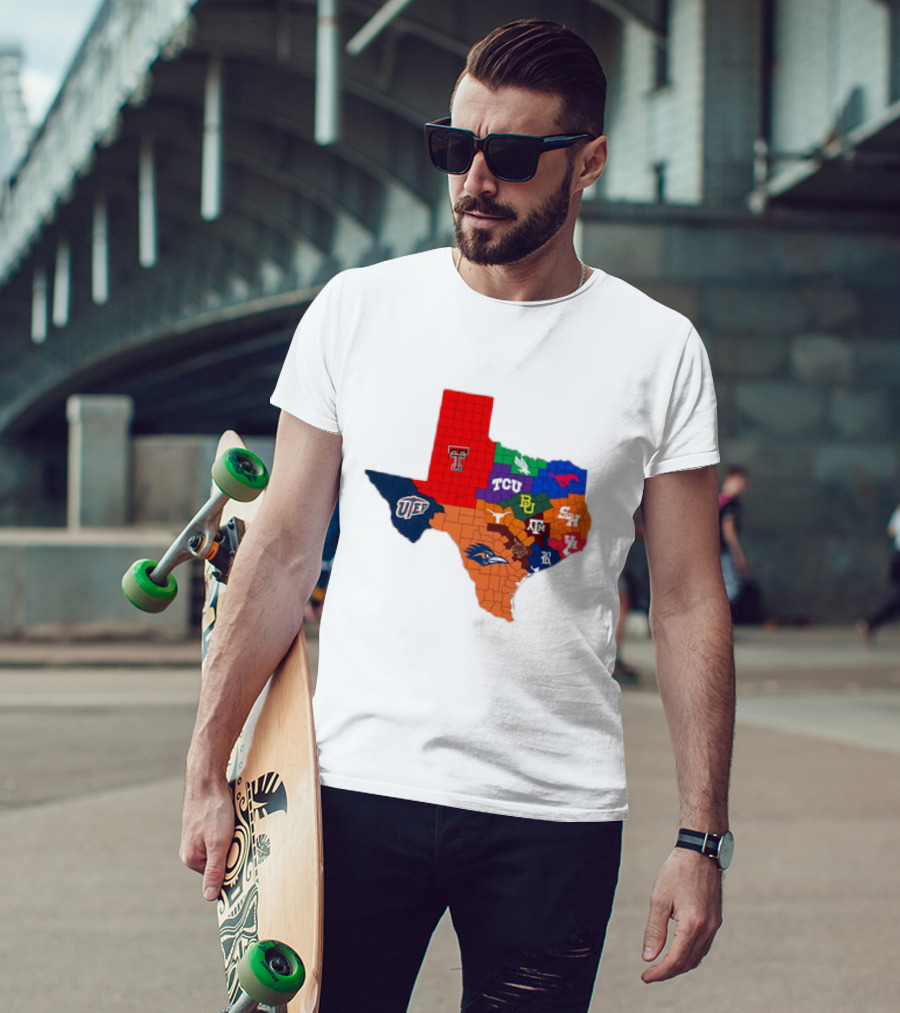 Map Of Texas College Football Teams Featuring TCU Baylor Texas A&M Texas Tech UTEP T-Shirt