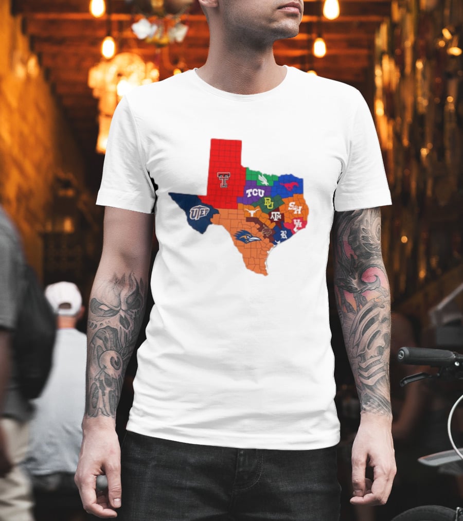 Map of Texas College Football Teams Featuring TCU Baylor Texas A&M Texas Tech UTEP T-Shirt