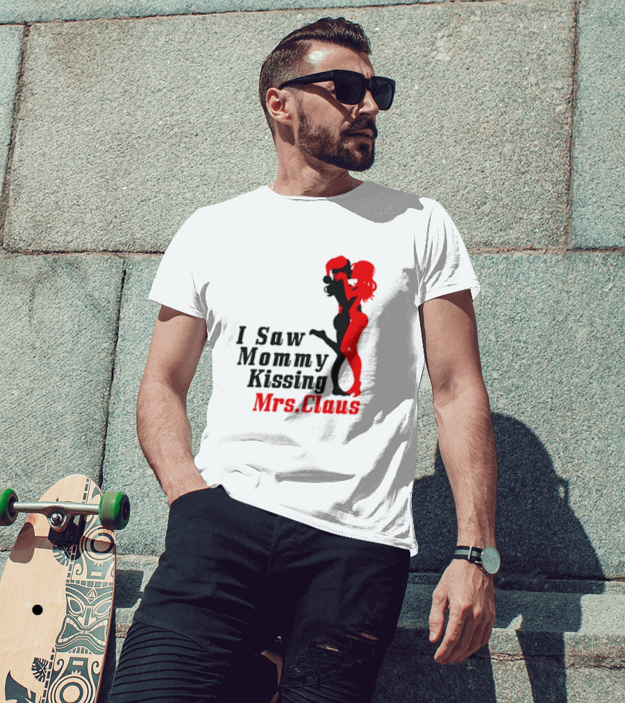 I Saw Mommy Kissing Mrs. Claus Retro Silhouette Christmas Fun T-Shirt