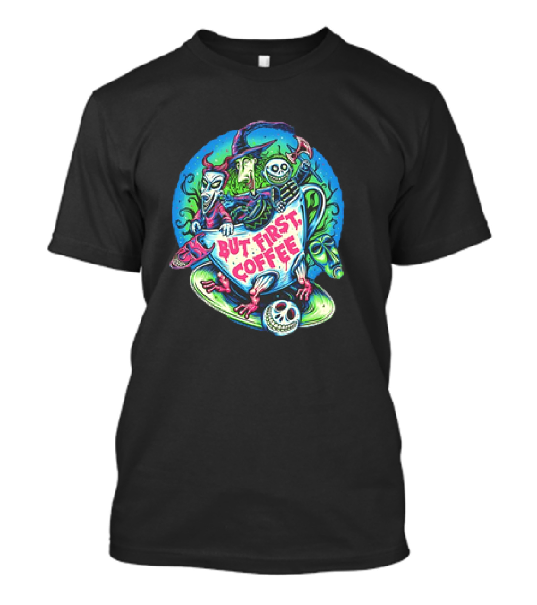 But First Coffee Lock Shock And Barrel In A Coffee Cup With Colorful Cartoon Characters T-Shirt