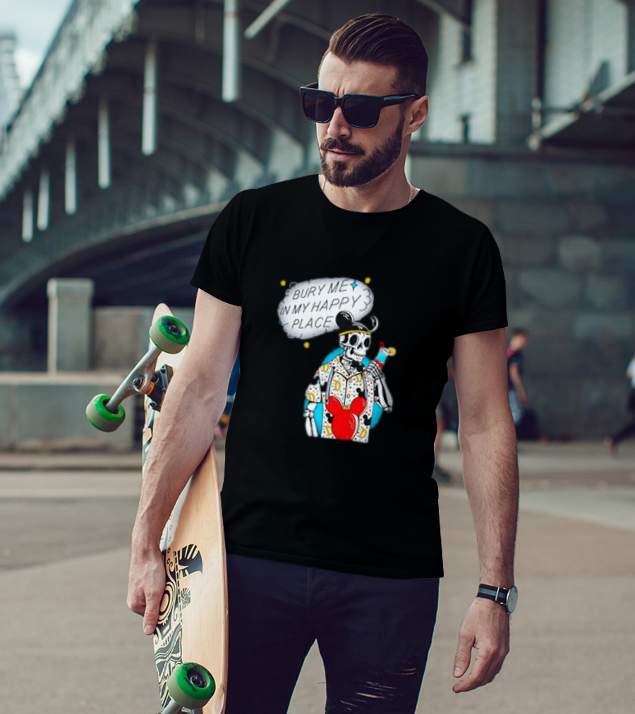 Bury Me In My Happy Place Skeleton With Mouse Ears And Drink T-Shirt