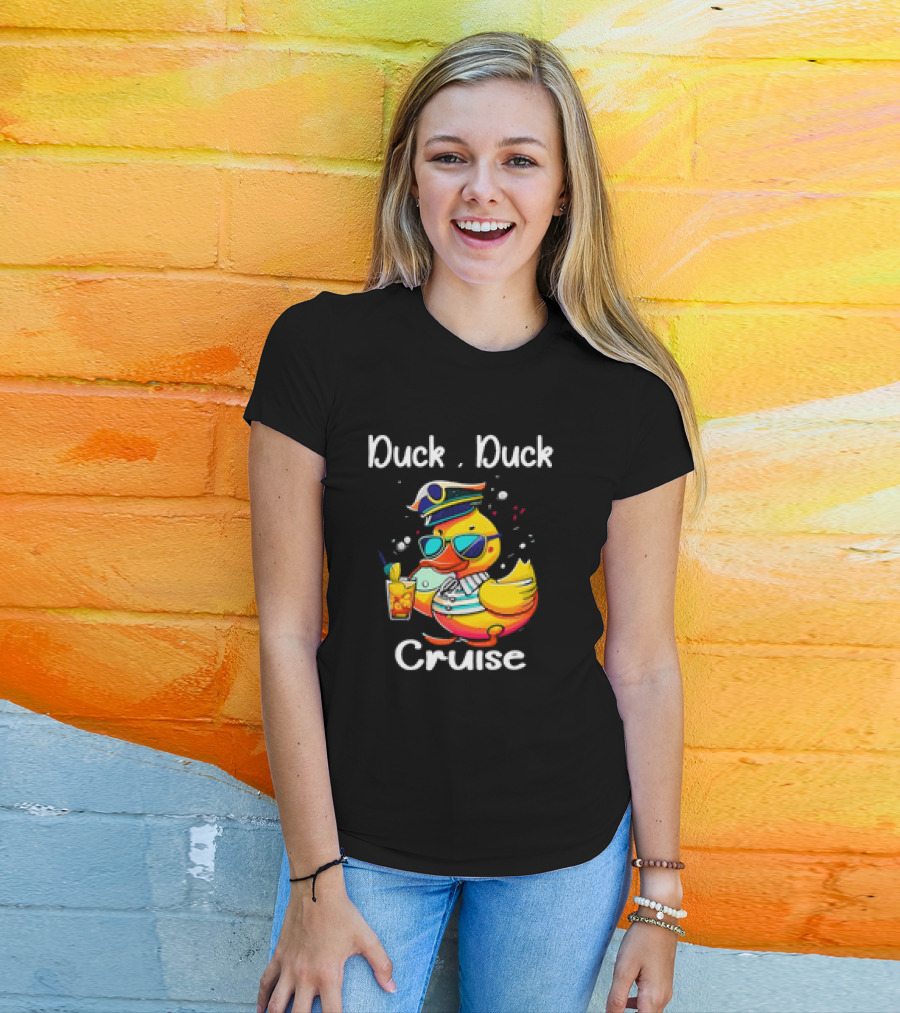 Duck Duck Cruise Family Cruising Matching Squad Captain Duck With Drink And Sunglasses T-Shirt