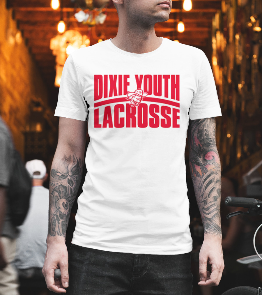 Dixie Youth Lacrosse Red Text Logo with Mascot Character T-Shirt