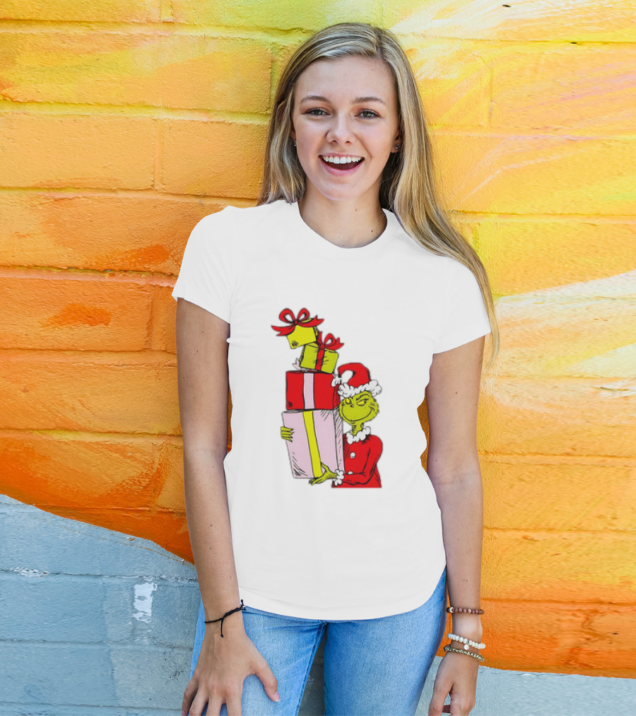 Grinch With Stacked Christmas Gifts Santa T-Shirt