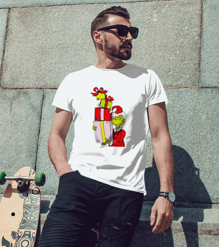 Grinch With Stacked Christmas Gifts Santa T-Shirt