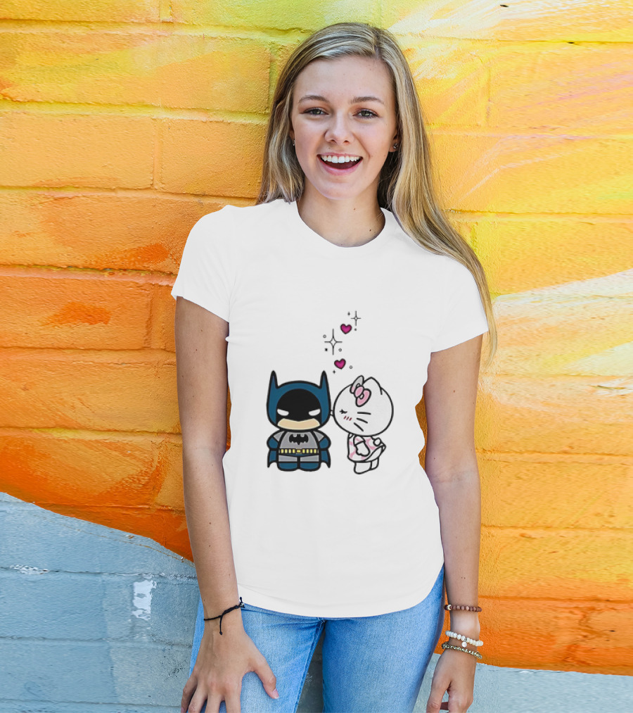 Hello Kitty Kissing Batman With Hearts And Sparkles T-Shirt